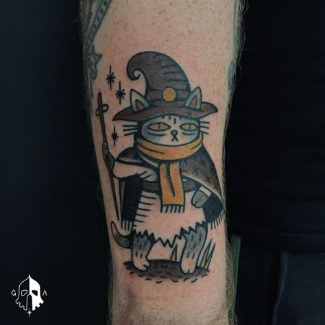 Fantasy Tattoos Traditional, Doc Holiday Traditional Tattoo, Cat Wizard Tattoo, Fantasy Traditional Tattoo, Wizard Cat Tattoo, Grim Antihero, Wolfman Tattoo, Neo Traditional Black And Grey, Cat Sorcerer