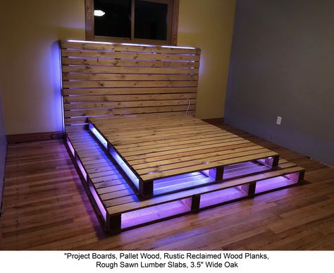 Palette Bed, Rough Sawn Lumber, Pallet Bed Frame Diy, Pallet Bed Frame, Pallet Dining Table, Diy Pallet Bed, Bed With Led Lights, Pallet Projects Furniture, Diy House Renovations