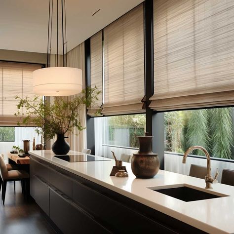 Window Dressing Ideas Kitchen, Modern Kitchen With Windows, Kitchen Blinds Ideas Modern, Japandi Windows, Kitchen With Two Windows, Corner Window Kitchen, Kitchen Curtain Ideas Modern, Modern Kitchen Window Treatments, Modern Roman Blinds