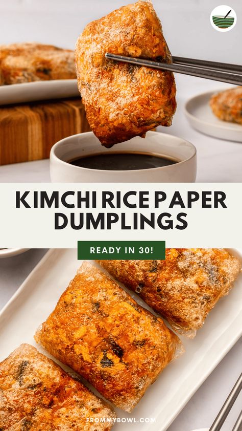 These Kimchi Rice Paper Dumplings are crispy on the outside and filled with kimchi, tofu, and veggies on the inside. Serve them with the gochujang dipping sauce for a fun lunch or snack! Vegan, Gluten-Free Option. How To Use Kimchi, Rice Paper Dumplings Vegan, Kimchi Appetizer, Kimchi Ideas, Gochujang Dipping Sauce, Kimchi Dumplings, Vegan Kimchi Recipe, Tofu And Veggies, Rice Paper Dumplings