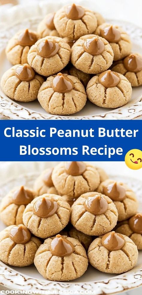 Need a family-friendly dessert idea? This Classic Peanut Butter Blossoms Recipe is not only easy to make but also brings everyone together with its irresistible flavor. Perfect for baking with kids during the holidays! Soft Chewy Peanut Butter Cookies, Peanut Butter Blossoms Recipe, Peanut Butter Kiss, Peanut Butter Kiss Cookies, Peanut Blossoms, Dairy Free Recipes Dinner, Peanut Butter Blossom Cookies, Chewy Peanut Butter Cookies, Blossom Cookies