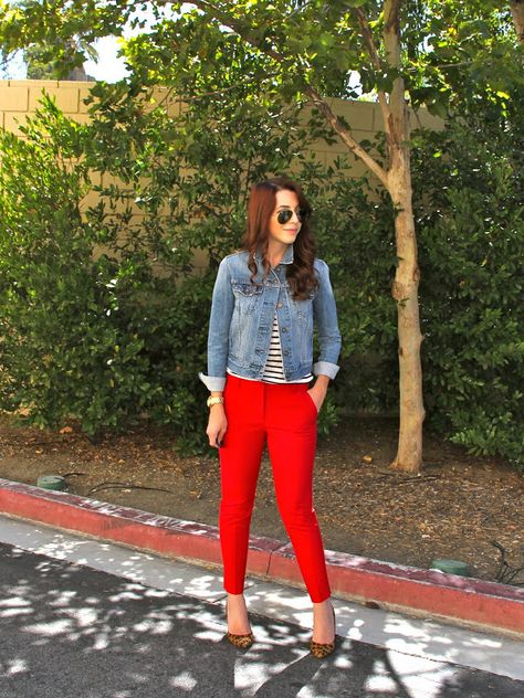 Denim jacket, red pants, stripes, leopard Red Pants Outfit Spring, Red Trousers Outfit Classy, Red Pants Outfits, Outfit Pantalon Vino, Red Trousers Outfit, Striped Top Outfit, Red Pantsuit, Red Pants Outfit, Red Leather Pants