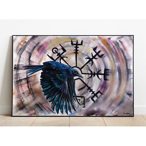 Nordic Painting, Runic Compass, Viking Decor, Wiccan Decor, Crow Art, Art Magic, Viking Art, Art Painting Gallery, Framed Oil Painting