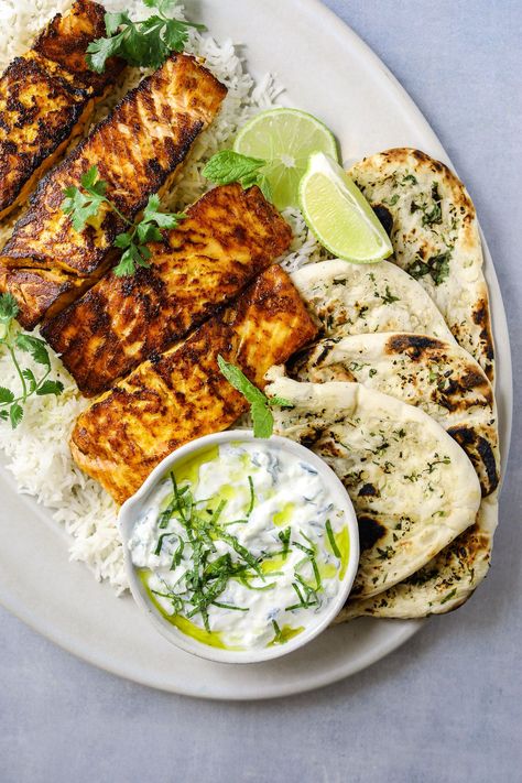 Bread Recipes Without Yeast, Craving California, Tandoori Salmon, Tandoori Marinade, Tandoor Oven, Cucumber Raita, Cucumber Yogurt, Creamy Cucumbers, Low Fat Yogurt