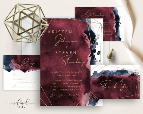 Burgundy Navy Gold Frame Watercolor Wedding Suite Modern - Etsy Australia Black And Burgundy Invitations, Black Burgundy Silver Wedding, Burgundy Black Wedding Decor, Maroon Black And Gold Wedding Theme, Burgundy And Black Fall Wedding, Burgundy Moody Wedding, Black And Burgundy Wedding Decorations Table Settings, Wine And Silver Wedding Colors, Cabernet And Black Wedding