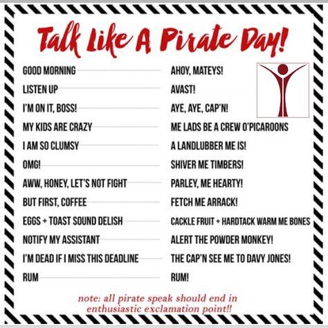 It's National Talk Like A Pirate Day & we've got jokes! 😋 What is a pirates favorite letter?...... Most people think it's "Rrrrr, but really it's the "C" they love! 😉 Also, here's some fun pirate lingo for you to use today - Ahoy, Mateys! Pirate Talk Words, Insult Like A Pirate, Swear Like A Pirate, National Talk Like A Pirate Day, Pirate Crew Names, Pirate Captions, Pirate Slang, Pirate Language, Pirate Lingo