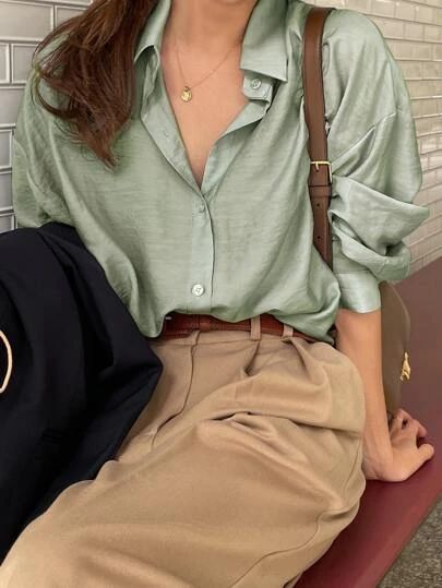 Search Button Up Shirt Women | SHEIN USA Buttons Up Outfit, Shein Minimalist Outfits, Blouse Outfit Classy, Button Up Shirts Womens, Button Down Dress Shirt, Women’s Button Down Shirt, Clean Outfits For Women, Light Green Button Up Outfit, Buttoned Shirt Outfit