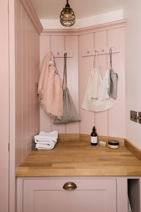 Devol Shaker Kitchen, Laundry Organizers, Pink Laundry Rooms, Tongue And Groove Walls, Devol Kitchens, Laundry Room Shelves, Laundry Decor, Small Laundry Rooms, Small Laundry Room