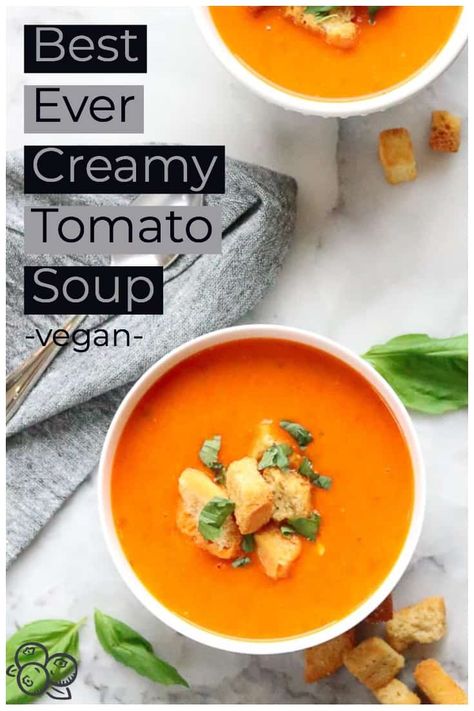 Make this easy and healthy vegan creamy tomato soup with fresh tomatoes and basil! Absolutely the best tomato soup you've ever had, not to mention it's vegan! #veganrecipes #soup Tomato Soup With Fresh Tomatoes, The Best Tomato Soup, Best Tomato Soup, Easy Vegan Soup, Fresh Tomato Soup, Vegan Tomato Soup, Plant Based Soups, Dairy Free Soup, Vegan Stew