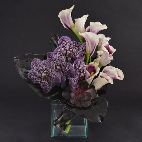 Nyc Florist, Orchid Flower Arrangements, Floristry Design, Hotel Flowers, Unique Floral Arrangements, Purple Bouquet, Orchid Arrangements, Modern Flower Arrangements, Purple Orchids