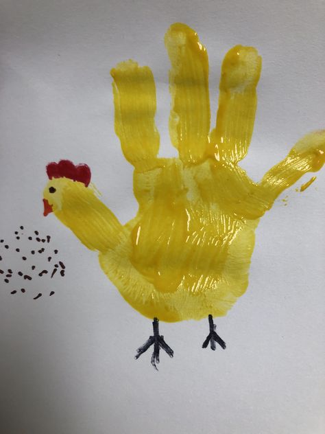 Yellow Art For Preschool, Handprint Chicken Craft, Yellow Handprint Craft, Chicken Handprint Art, Chicken Activities For Kids, Yellow Activities For Toddlers, Farm Animals Activities For Toddlers, Thumb Art, Farm Activities Preschool