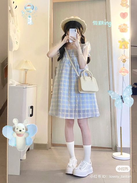 Cute Clothes Japanese, Aesthetic Outfits Blue, Japanese Summer Outfits, Kawaii Dress To Impress, Kawaii Summer Outfits, Pastel Blue Outfit, Animated Clothing, Blue Korean, Summer Fashion Dresses Casual