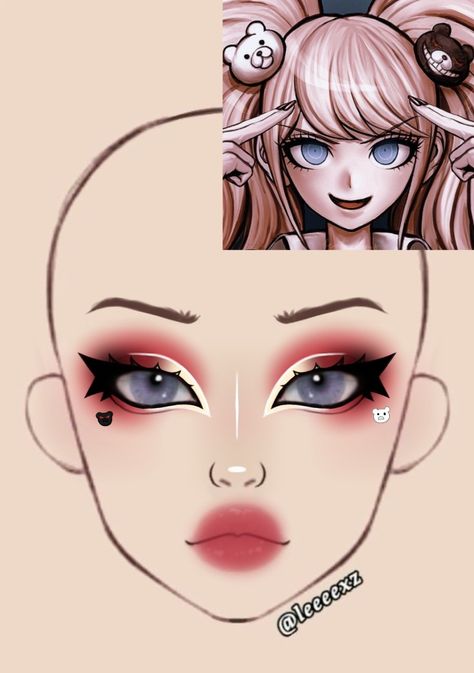 Cool Anime Makeup, Splatoon Inspired Makeup, Black Anime Makeup, Junko Enoshima Nails, Junko Enoshima Cosplay Makeup, Junko Enoshima Makeup, Makeup Face Charts Ideas, Anime Make Up Ideas, Anime Inspired Makeup Looks