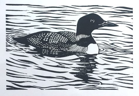 Common Loon / Great Northern Diver - linocut print - Katie Fuller, U.K. Loon Linocut, Loon Artwork, Scrafito Ideas, Loon Tattoo, Loon Bird, Waterfowl Art, Linocut Ideas, Common Loon, Art Examples