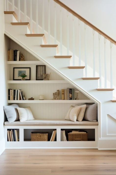 17 Clever Under Stairs Storage Ideas for Small Spaces – Addicted To Organization Under Stairs Cat Room Spaces, Under The Stairs Bookcase, Built In Shelves Under Stairs, Under Stair Shelving, Stair Well Design, Under Stairs Bookcase, Under The Stairs Office Ideas, Under Stairs Bookshelf, Under Open Stairs Ideas