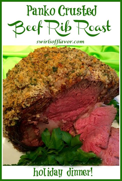 Panko Crusted Beef Rib Roast, an easy dinner recipe for entertaining, is surrounded with a seasoned panko crust bursting with flavor! A bone in rib roast is the perfect main dish for your holiday dinner. #swirlsofflavor #beefribroast #standingribroast #holiday #dinner Horseradish Prime Rib Recipe, Horseradish Crusted Prime Rib, Horseradish Prime Rib, Beef Rib Roast Recipe, Crusted Prime Rib, Fresh Basil Recipes, Beef Rib Roast, Christmas Main Dishes, Holiday Dinner Recipes