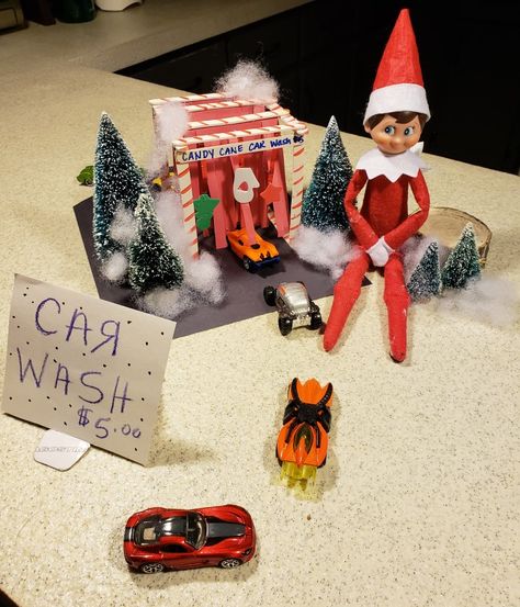 Elf Car Wash, Elf On The Shelf Candy, Elf Shelf, Shelf Ideas, On The Shelf, Christmas Elf, Car Wash, Elf On The Shelf, Candy Cane