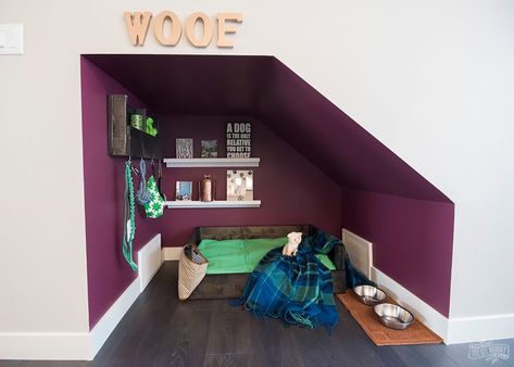 DIY dog nook under the stairs with handmade dog bed and organizer Dog Under Stairs, Stairs Nook, Bed Under Stairs, Under Stairs Dog House, Dog Nook, Under Stairs Nook, Room Under Stairs, Stair Nook, Handmade Dog Beds