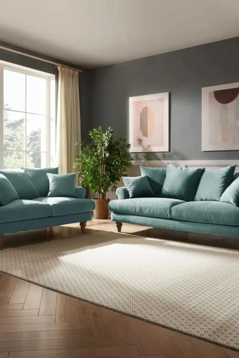 How to Combine Sofa Colors with Accent Pieces for a Cohesive Look Blue Sofa Design, Couch 2 Seater, Teal Sofa Living Room, Settee Living Room, Turquoise Sofa, Front Room Design, Green Sofa Living Room, Teal Living Rooms, Upholstered Settee