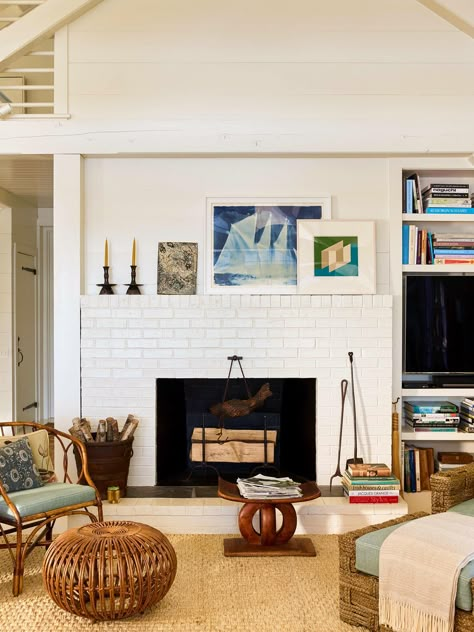 Clapboard Siding, White Shiplap Wall, House By The Sea, Seaside Cottage, Cozy Fireplace, Room Style, Ship Lap Walls, A Living Room, Cottage Homes