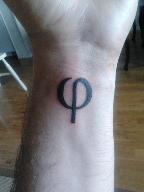 Greek lowercase letter "phi" as the symbol for the golden ratio. Pythagoras Tattoo, The Golden Ratio Tattoo, Philosophy Tattoo Symbols, Phi Tattoo, Greek Symbol For Strength, Philosophy Tattoo, Phi Symbol, Philosophers Stone Symbol, Math Tattoo