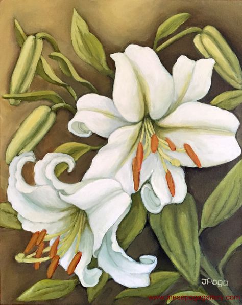 White Lilies Acrylic painting 20 x 16 inches Lily Painting Acrylic, White Lily Painting, Art Deco Flowers, Art Presents, Tiger Lilies, Easy Flower Painting, Flower Drawing Tutorials, Lily Painting, Paintings Acrylic