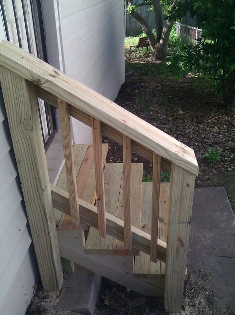 New steps Railing For Outdoor Steps, Wood Handrails For Stairs Outdoor, Garage Stair Railing, Deck Stair Railing Ideas, Steps With Railing, Deck Stairs Railing, Porch Step Railing, Diy Stairs Outdoor, Garage Door Ideas