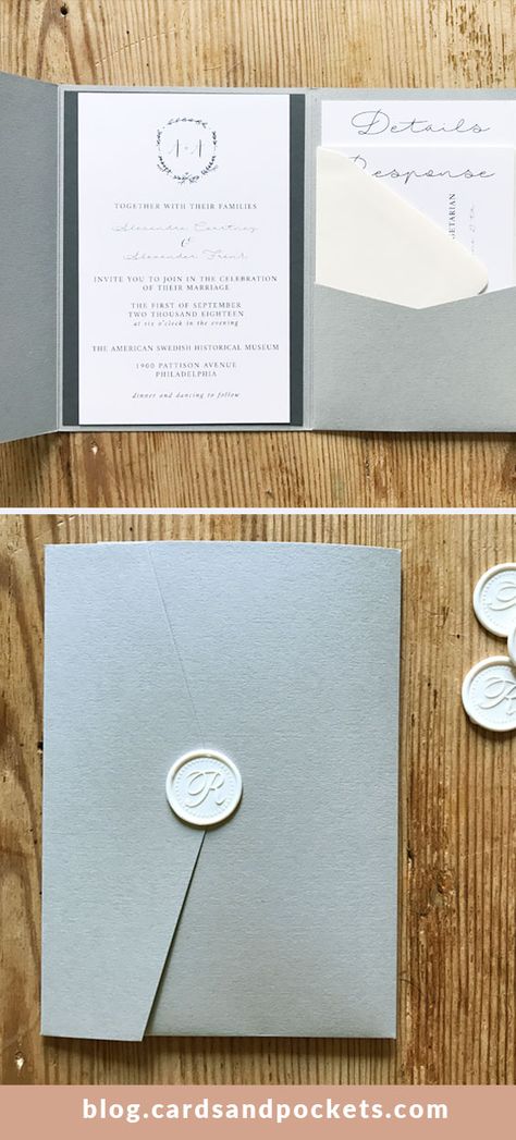 DIY pocket invitations with neutral wedding colors, gray pocket folder, monogram invitation design, and white wax seals. Click through to see assembly and DIY tips from the bride! Blank Wedding Invitations, Sunflower Invitations, Diy Pocket, Blue Diy, Monogram Invitation, Stationery Ideas, Neutral Wedding Colors, Pocket Invitation, Bridal Invitations