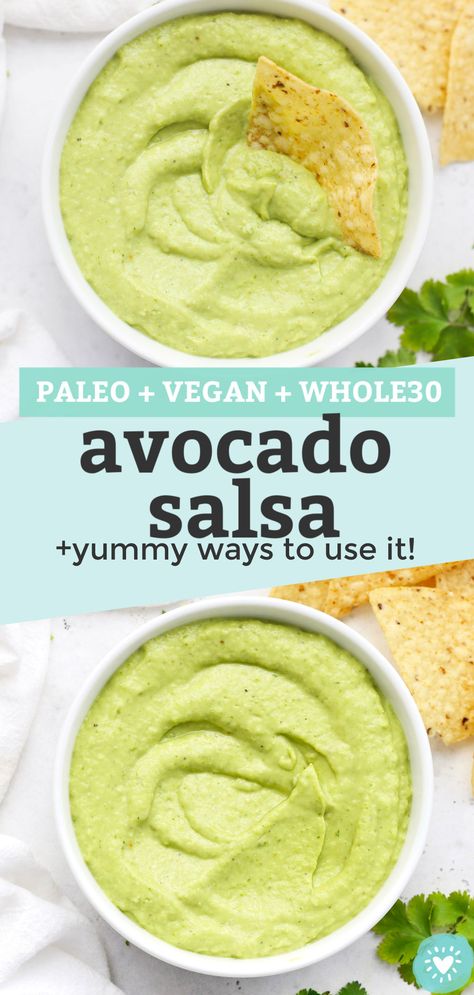 This easy avocado salsa recipe is the perfect mash-up of guacamole + salsa verde. It's good on everything! (Gluten-Free, Paleo, Vegan) / healthy avocado dip / avocado salsa dip / healthy dip / healthy chip dip / veggie dip / taco sauce recipe / avocado sauce / homemade salsa recipe / salsa with avocados Guacamole Salsa Recipe, Green Sauce Recipe, Creamy Guacamole, Cilantro Salsa, Salsa Guacamole, Guacamole Salsa, Avocado Dip, Homemade Guacamole, Avocado Salsa