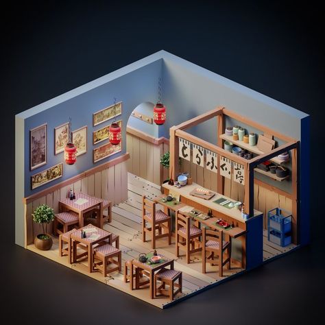 Isometric Restaurant, Low Poly Isometric, Japan Restaurant, Isometric Art, Isometric Design, Low Poly Art, Color Harmony, Japanese Restaurant, 3d Modelling