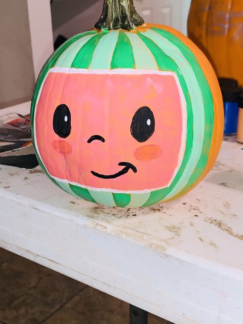 Cocomelon Pumpkin Painting Ideas, Coco Melon Pumpkin Carving, No Craved Pumpkins Ideas For Kids, Toddler Girl Pumpkin Painting Ideas, Kid Painted Pumpkins, Coco Melon Pumpkin, Coco Melon Pumpkin Painting, Cocomelon Pumpkin Painting, Painting Flowers On Pumpkins