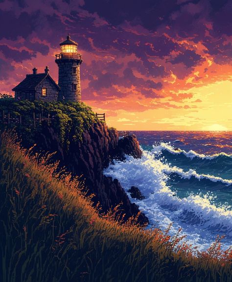 Pixel art style waves crashing into a cliff protected by a lighthouse at sunset. #art #nature #sunset #waves #ai Lighthouse Concept Art, Lighthouse At Sunset, The Lighthouse Movie Art, Lighthouse Sunset, Sunset Waves, Lighthouse On A Cliff, Waves Crashing, Sunset Art, Art Nature