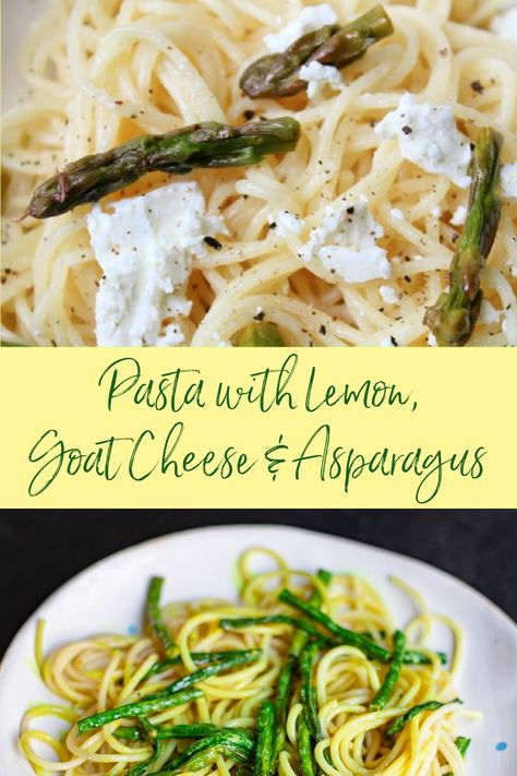 Vegetarian pasta with lemon, goat cheese, and asparagus #vegetarian #vegetarianmeal #vegetarianrecipes #vegetarianpasta #pasta #pastaideas #mealideas #asparagus #goatcheese Asparagus Goat Cheese Pasta, Lemon Goat Cheese, Asparagus Goat Cheese, Cheese Asparagus, Pasta With Lemon, Goat Cheese Pasta, Asparagus Pasta, Pasta Food, Vegetarian Pasta