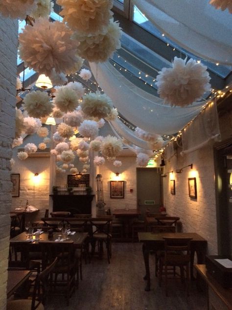 Paper Pom Poms Wedding, Pom Pom Ceiling Decor, Ceiling Pom Poms Decoration, Birthday Party Ceiling Decor Hanging Decorations, High Ceiling Party Decorating, Tissue Paper Wedding Decorations, Tissue Pom Poms Decorations, Wedding Pom Poms Decoration, Pom Pom Wedding Decor