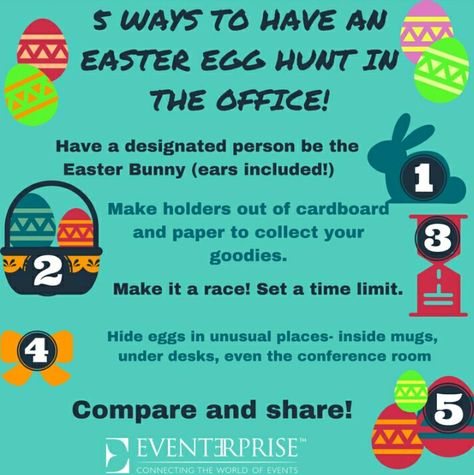 Office Easter fun! Ideas for an Easter egg hunt in the workplace from Eventerprise. Workplace Easter Egg Hunt, Easter Team Building Games, Staff Easter Egg Hunt Ideas, Fun Coworker Activities, Easter Office Games, Easter Office Ideas, Easter Marketing Ideas Business, Fun Work Event Ideas, Office Easter Egg Hunt Ideas