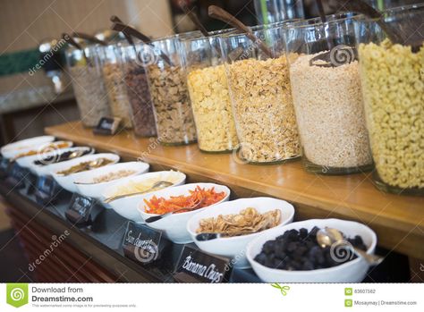 Various Breakfast Cereals On Line Buffet In Hotel Stock Photo - Image of breakfast, nutrition: 63607562 Buffet Display Ideas, Cereal Buffet, Cereal Cafe, Cereal Bars Homemade, Cereal Bars Recipes, Easy Bar Recipes, Homemade Cereal, Baked Breakfast Recipes, Ideas For Breakfast