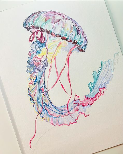 I m m e r s e d …currently in a new painting that brings the ethereal beauty of a jellyfish to life! 🪸🌊 The vibrant colors dreamy 😍 , soon to be mellowed with rich tones. I’m excited to add a unique twist by incorporating delicate elements of Japanese paper decoupage…I’m unsure how or where right now but that’s the vision… What do we think? 🤔 #decoupage #mixedmedia #watercolorjellyfish #jellyfishart #katiebute #watercolorupdate #watercolordaily Watercolor Jellyfish, Jellyfish Painting, Colorful Jellyfish, Paper Decoupage, Jellyfish Art, New Painting, Japanese Paper, The Vision, Ethereal Beauty