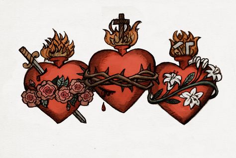 Holy Family Hearts Tattoo, Sacred Heart Of Mary Tattoo, Sacred Hearts Tattoo, Immaculate Heart Tattoo, Immaculate Heart Of Mary Tattoo, Sacred Heart Tattoo Traditional, Sacred Heart Of Jesus Tattoo, Family Heart Tattoos, Holy Family Hearts