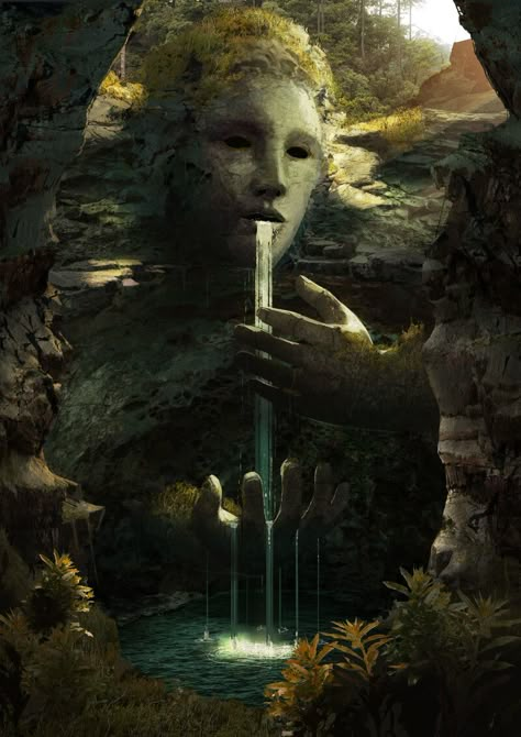 Feywild Dnd Landscape, Feywild Landscape, Fountain Concept Art, Ancient Fountain, Feywild Aesthetic, Fantasy Fountain, Art Gallery Concept, Fey Realm, Ancient Landscape