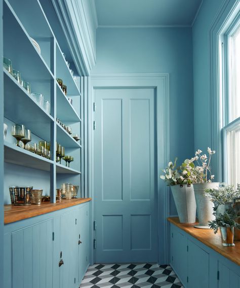 Painted Pantry, Trim Paint Color, Narrow Rooms, Tranquil Blue, Blue Ceilings, Colored Ceiling, Kitchen Ceiling, Butler's Pantry, Chic Interior