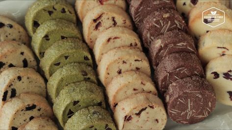 5 flavors Sable Cookies (Icebox Cookies) Icebox Cookie Recipe, Chocolate Dough, Sable Cookies, Green Tea Cookies, Cooking Tree, Tea And Chocolate, Cocoa Powder Cookies, Icebox Cookies, Matcha Cookies