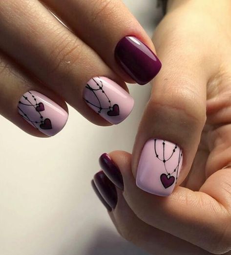 Diy Valentine's Nails, Valentines Nail Art Designs, Valentine Nail Art, February Nails, Heart Nail Art, Nail Designs Valentines, Purple Nail, Nail Tattoo, Pink Nail