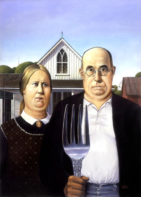 Fat American Gothic: by Mark Hess #Painting #Oil #People #Everyday #Family Huge Paintings, American Gothic Painting, American Gothic Parody, Gothic Painting, Life Of Christ, Couple Painting, Family Couple, Pictures Of Jesus Christ, American Gothic