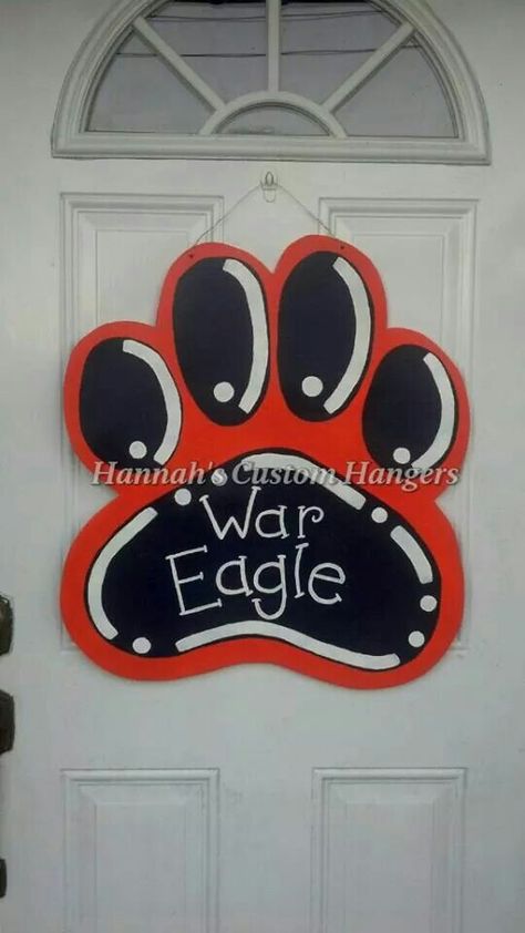 Large (23"-25" H) auburn paw print door hanger- $50. Like us on facebook at Hannah's Custom Hangers or email hannahscustomhangers@gmail.com shipping and handling fee- $10 Custom Hangers, Auburn, Door Hangers, Paw Print, Etsy Listing, Unique Jewelry, Handmade Gifts, Art