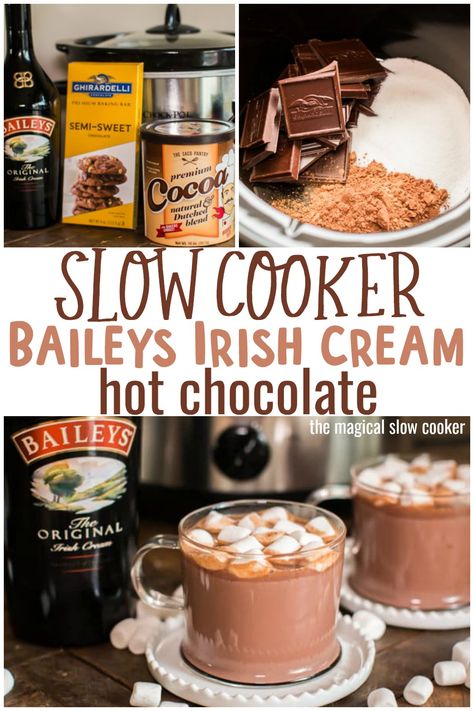 This Slow Cooker Baileys Irish Cream Hot Chocolate is perfect for the adults at your Christmas Party! #slowcooker #irishcream #baileys #christmas Irish Cream Hot Chocolate, Hot Chocolate Baileys, Baileys Christmas, Crockpot Drinks, Baileys Irish Cream Recipes, Baileys Drinks, Boozy Hot Chocolate, Chocolate Baileys, Spiked Hot Chocolate