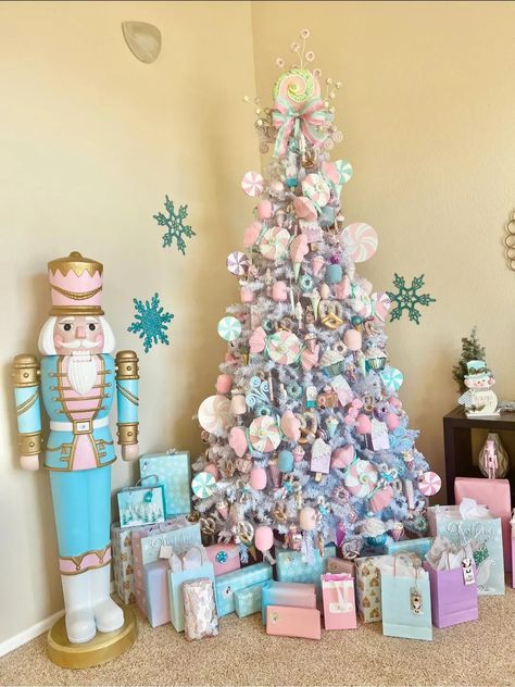 Pastel Theme Christmas Tree, The Nutcracker Themed Christmas, Pastel Gingerbread Christmas Tree, Pastel Nutcracker Christmas Tree, Pastel Candy Christmas Decor, Candy Wonderland Christmas Decor, Pastel Nutcracker Christmas, Pastel Candy Christmas Tree, Pastel Gingerbread Christmas Decor