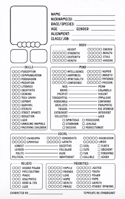 Personality Fill Out Sheet, Character Design Checklist, Video Game Character Stats Template, Template By Cparrisart, Character Mapping Template, Oc Paper Sheet, Original Character Sheet Template, Cparristart Template, Character Personality Template