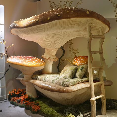 Introducing the MycoNest Bunk Bed: a whimsical, fungi-inspired design crafted for both functionality and charm. With its organic shapes and sturdy build, it provides a cozy retreat for sleep and play. Conceptual AI Art Follow @ecosapiens for more! Bunk Bed Fort Ideas, Mushroomcore Room, Mushroom Bedroom Ideas, Mushroom Aesthetic Room, Cozy Bed Ideas, Bunkbed Ideas, Moss Bed, Cottagecore Room Ideas, Mushroom Bedroom