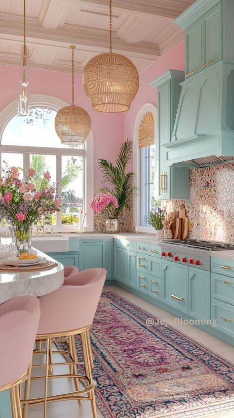 White Home With Colorful Accents, Colorful Kitchen And Living Room, Barbie Inspired Kitchen, White House With Pops Of Color, Kindercore Interior Design, Cute Colorful Home Decor, Pink Kitchen Island Ideas, Cute Kitchen Colors, Kawaii Dining Room