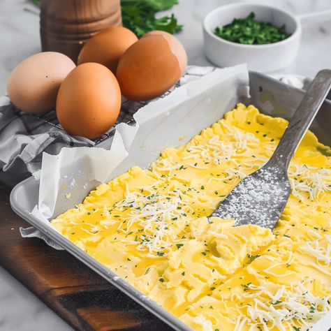 Fluffy Sheet Pan Eggs - Recipes, Tasks & Tools Baked Eggs Sheet Pan, Baked Scrambled Eggs Oven Sheet Pan, Egg Pan Recipes, Fluffy Sheet Pan Eggs, Cottage Cheese Sheet Pan Eggs, Cookie Sheet Eggs, Sheet Eggs In Oven, Oven Eggs Sheet Pan, Sheet Pan Eggs In The Oven